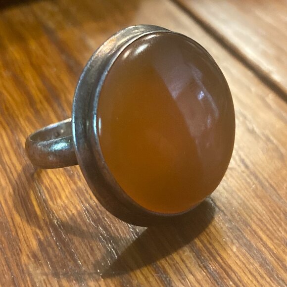Jewelry - Vintage Sterling Silver Ring with Large Amber Glass Size 8